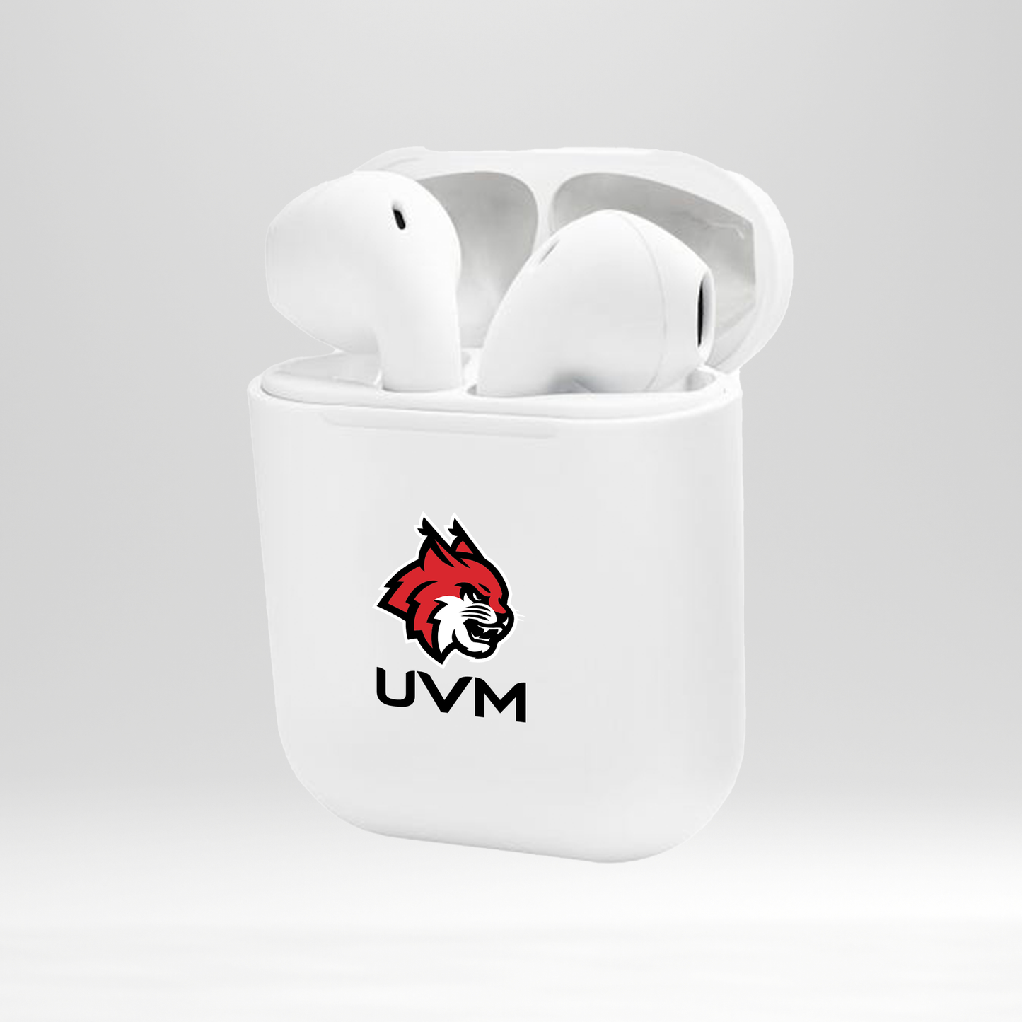 Audífonos inalámbricos blancos con logo linces UVM