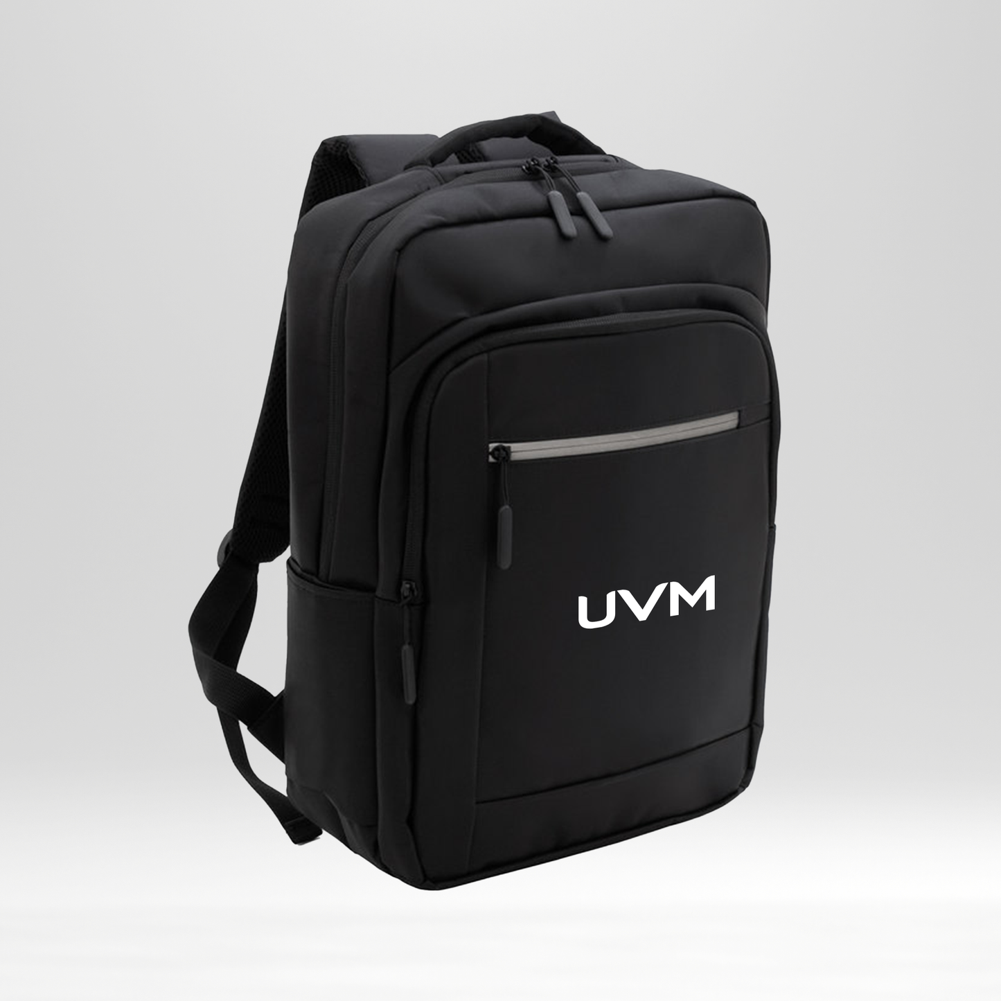 Mochila rectangular negra con logo UVM