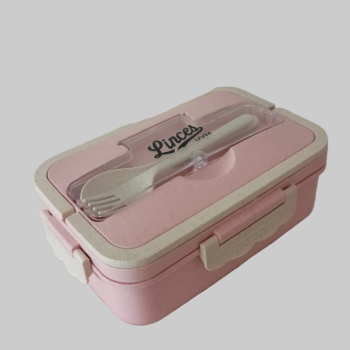 Contenedor y cubiertos rosa con logo linces