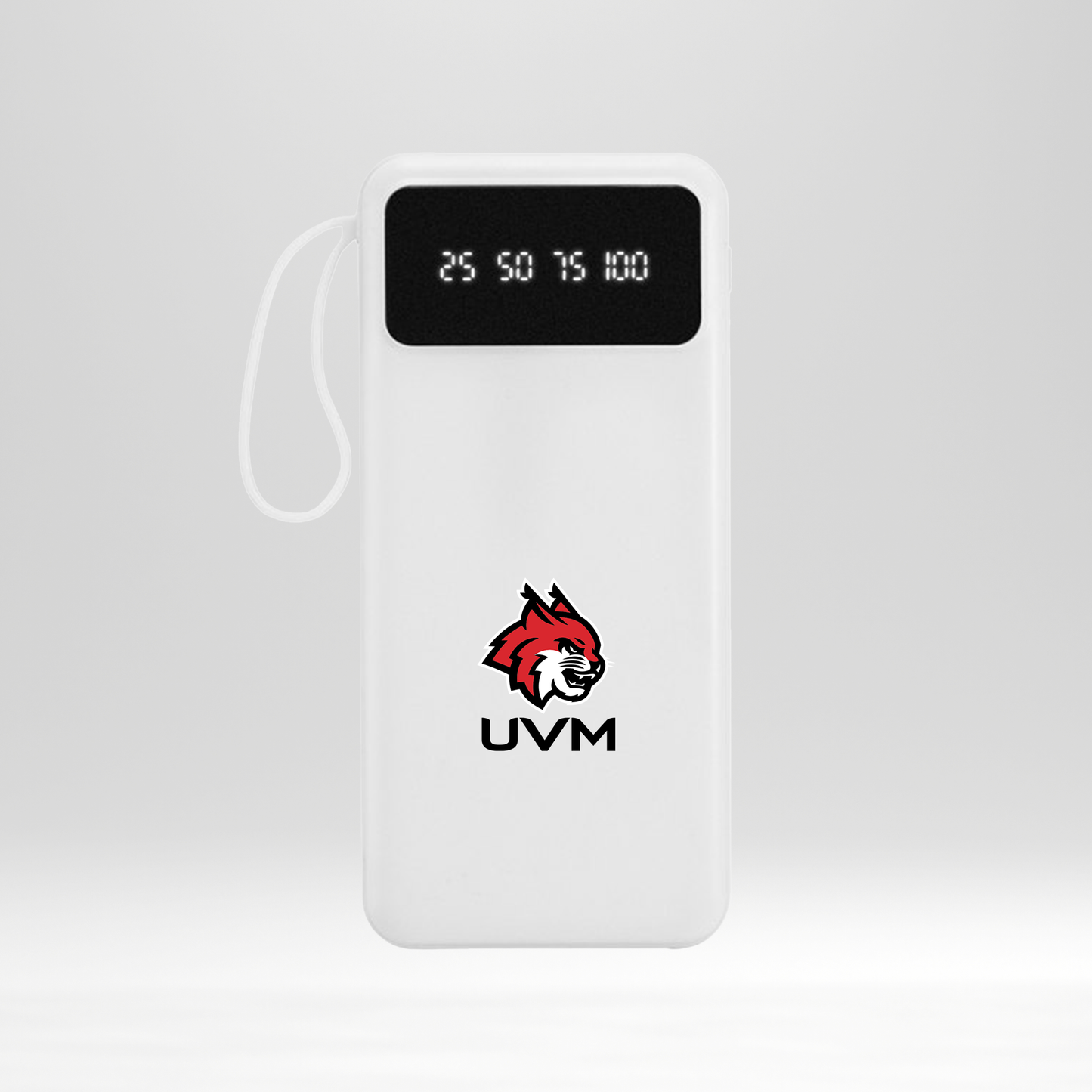 Power bank vertical blanco con logo linces UVM