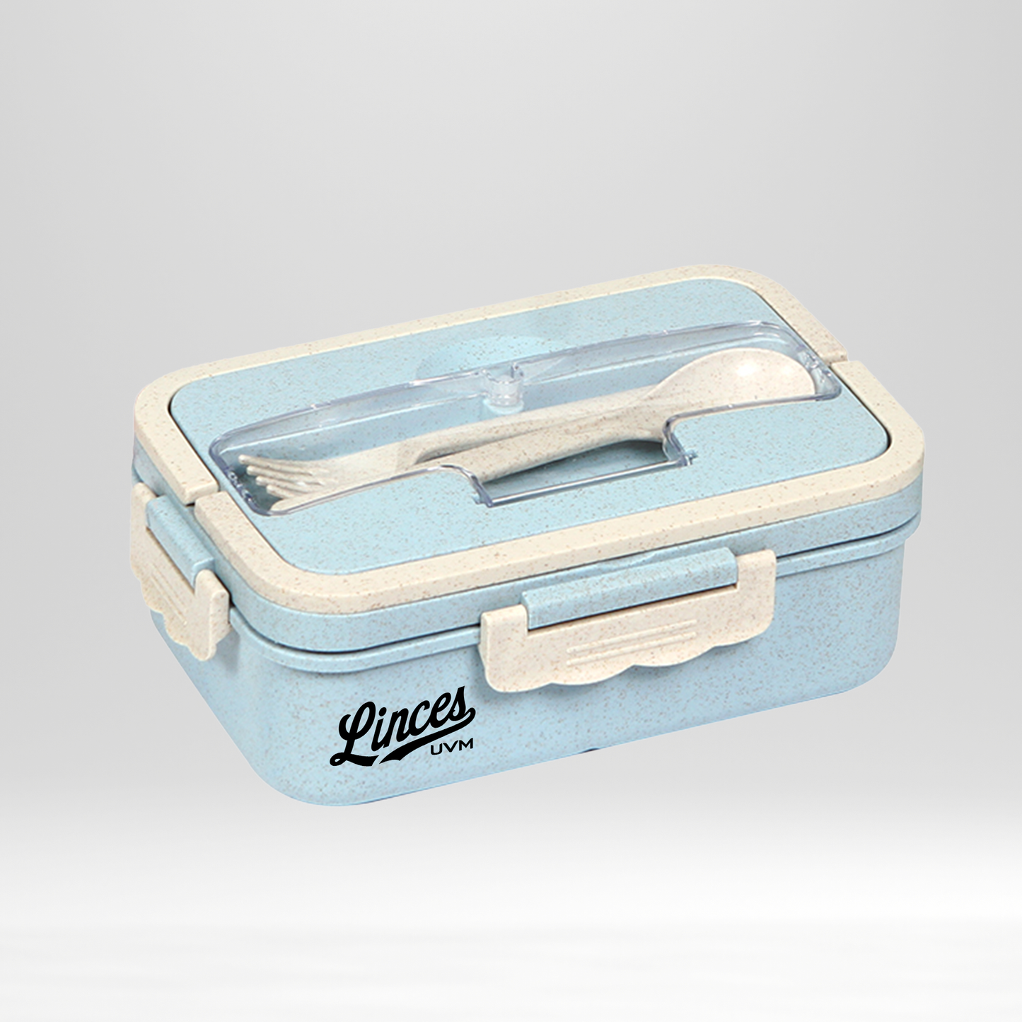 Contenedor y cubiertos azul con logo linces