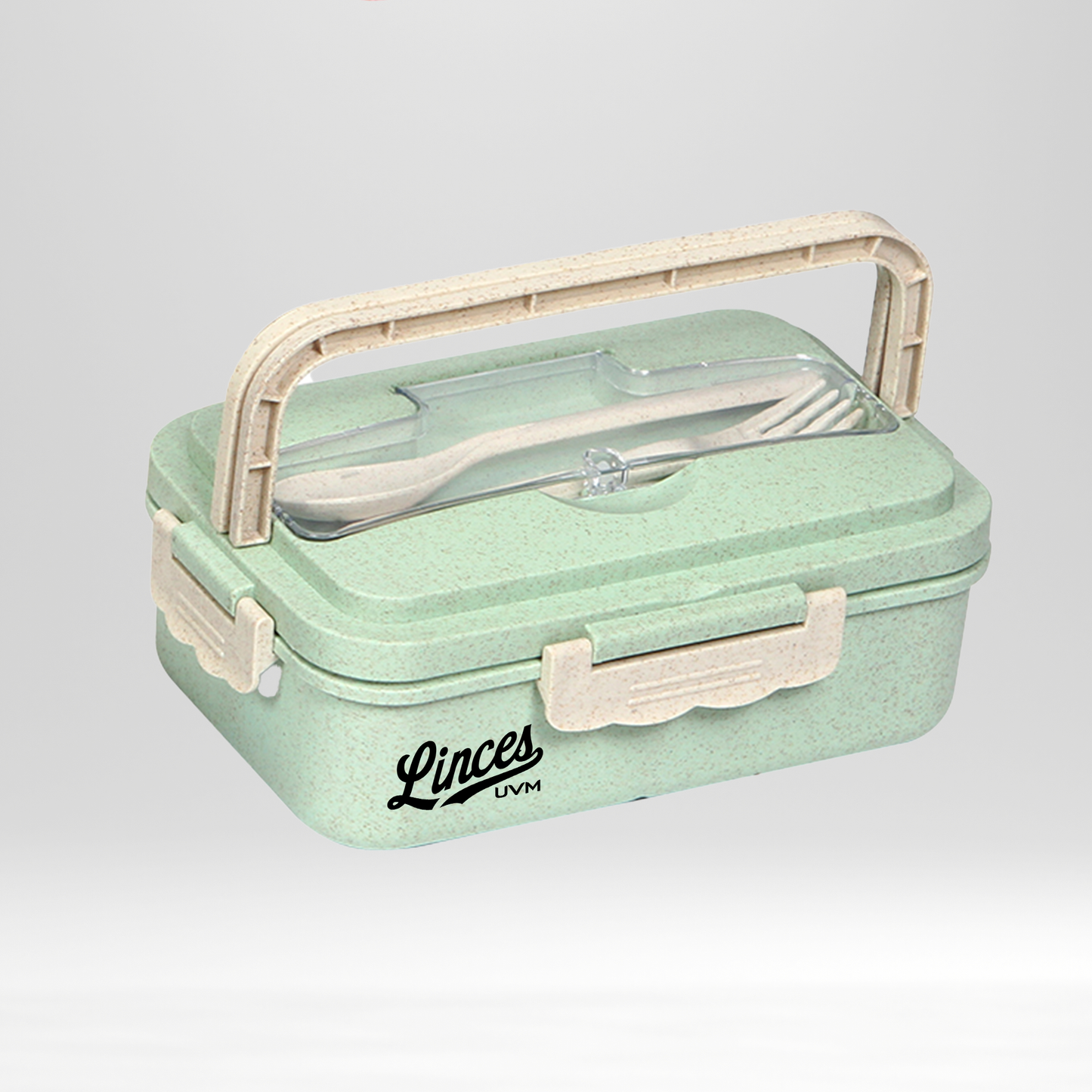 Contenedor y cubiertos verde con logo linces