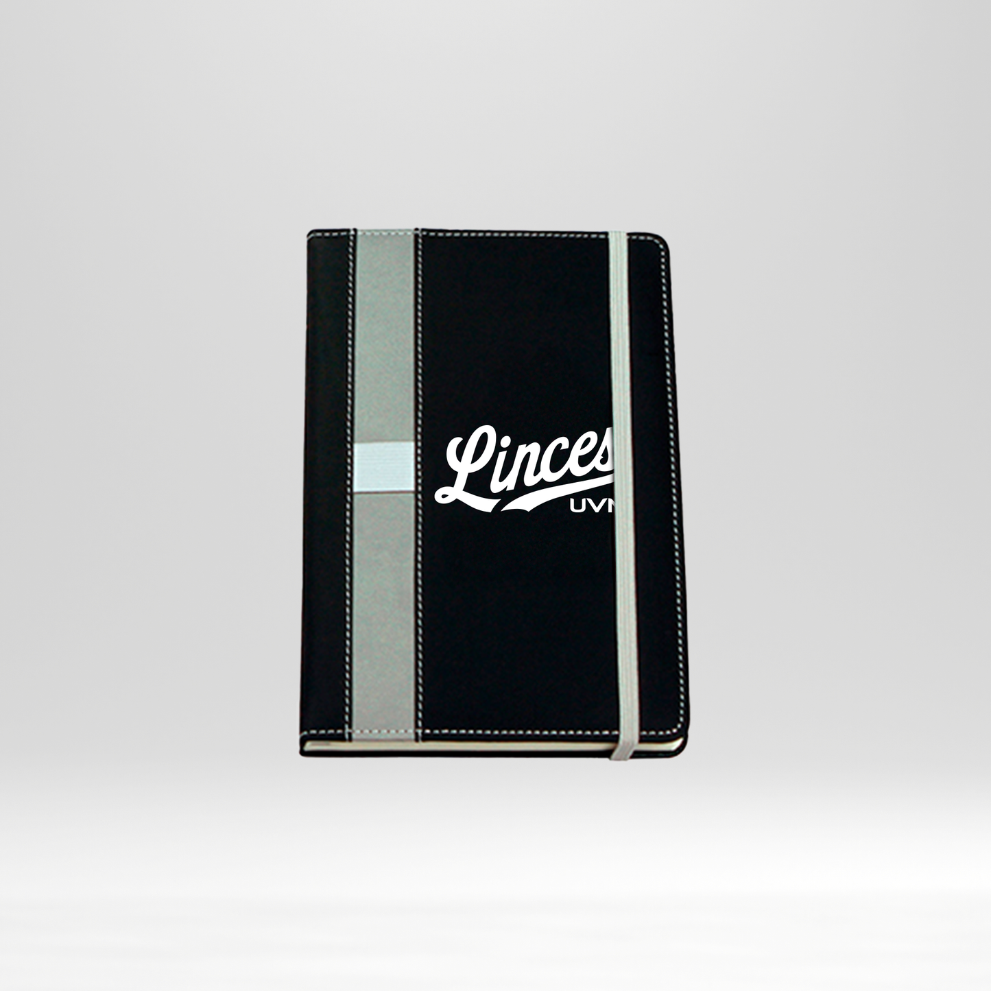 Libreta negra linces UVM blanco línea y banda gris