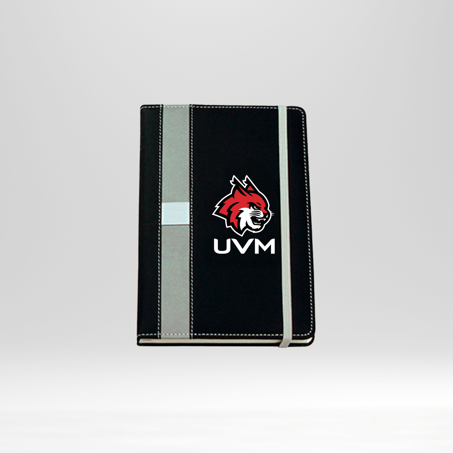 Libreta negra logo linces UVM blanco línea y banda gris
