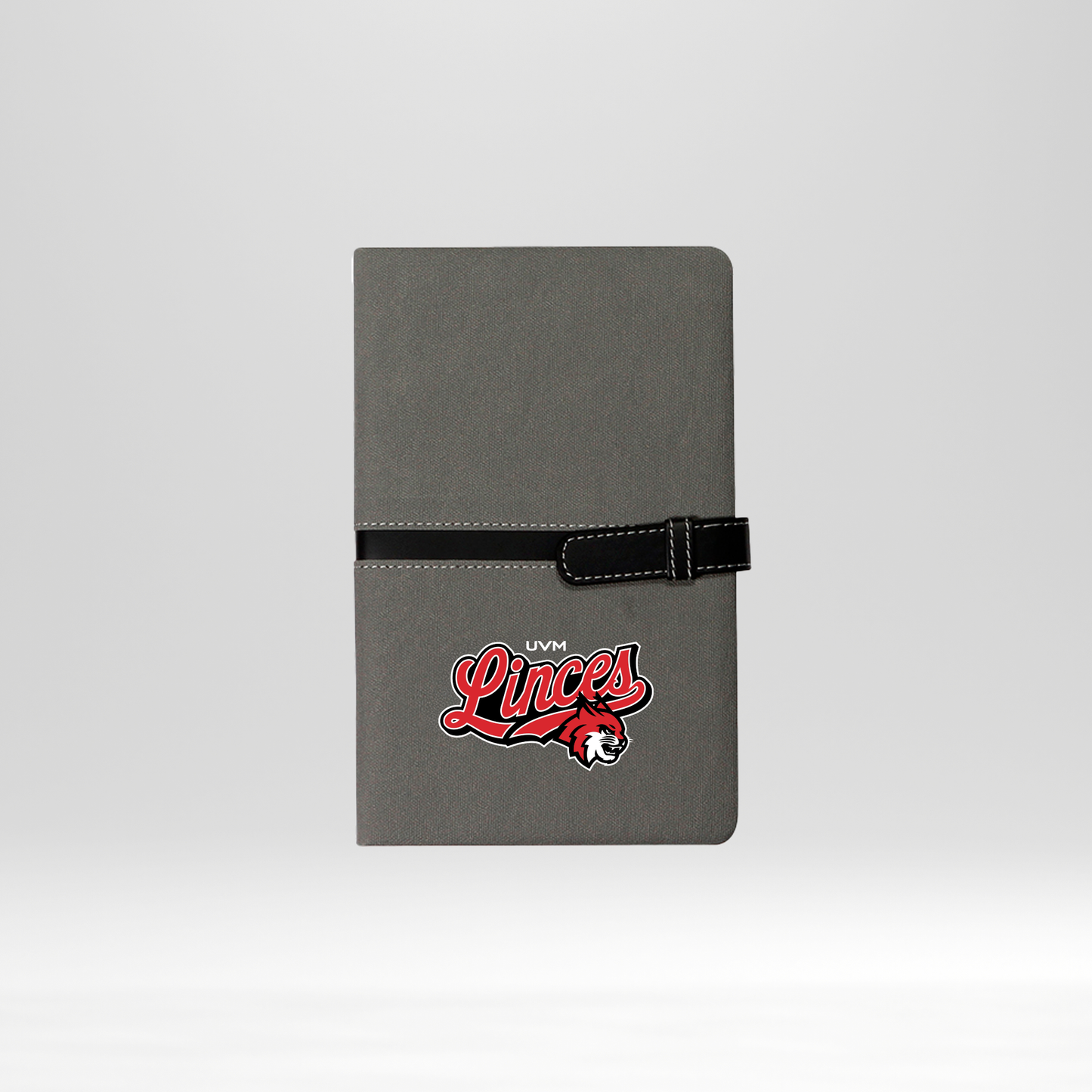 Libreta gris linces rojo cierre negro