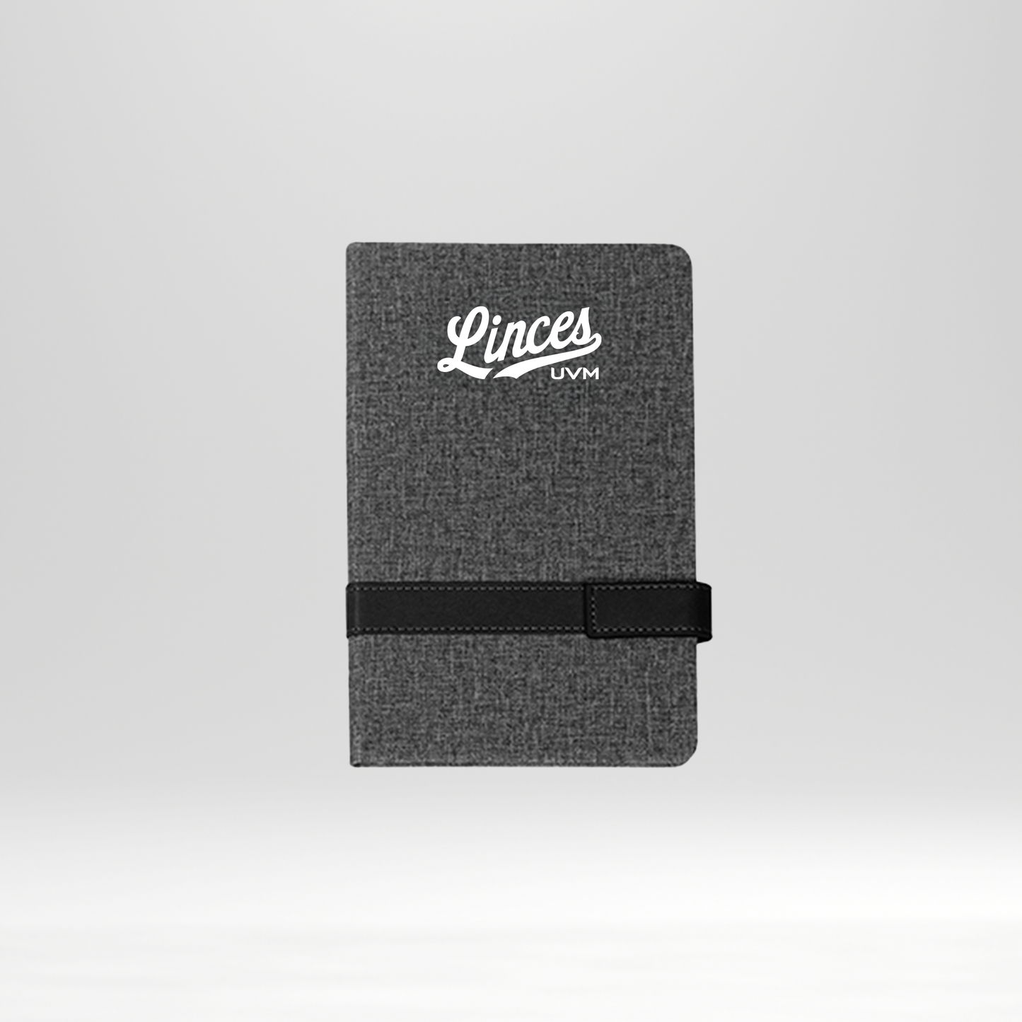 Libreta gris linces UVM blanco banda negra horizontal