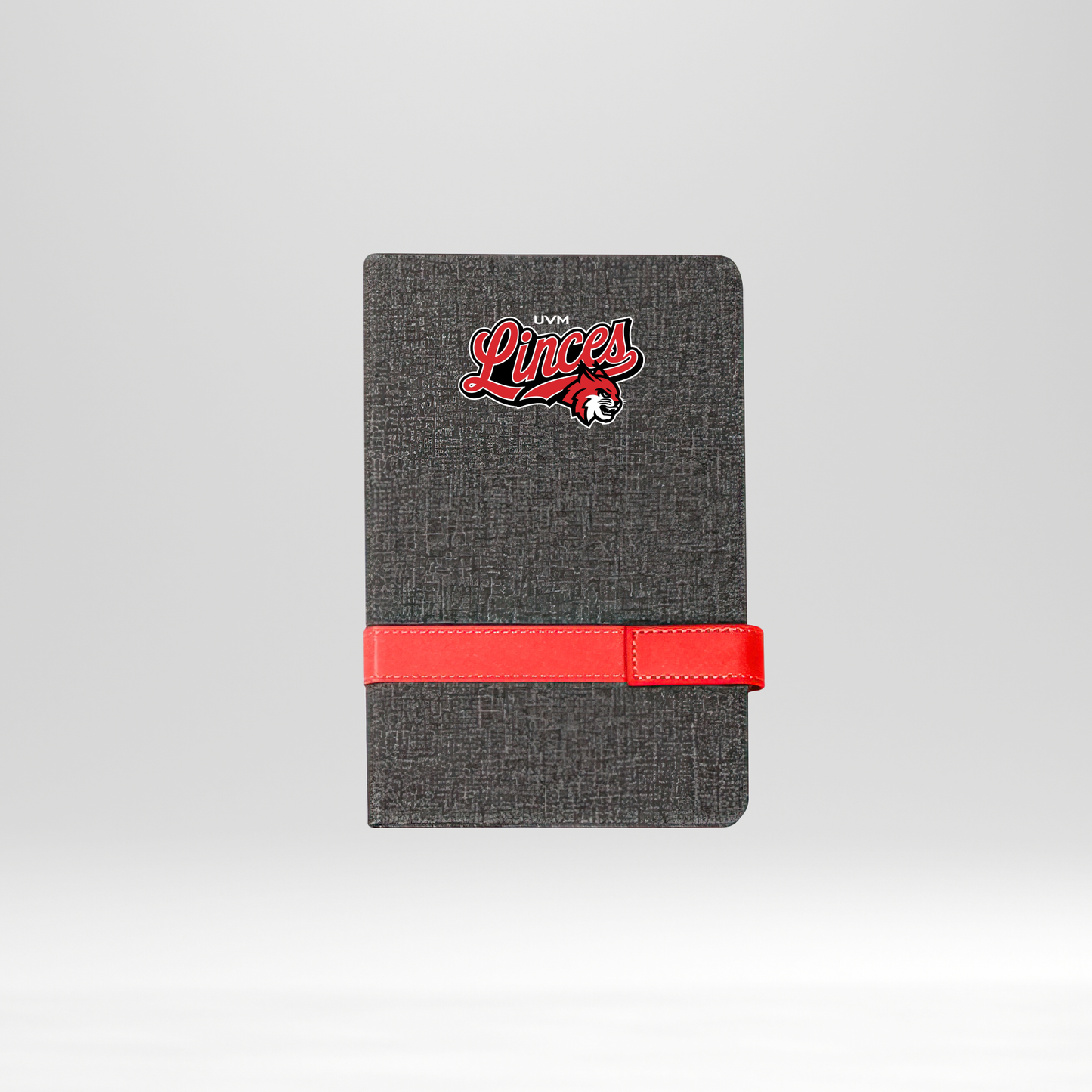 Libreta gris linces UVM blanco banda roja horizontal