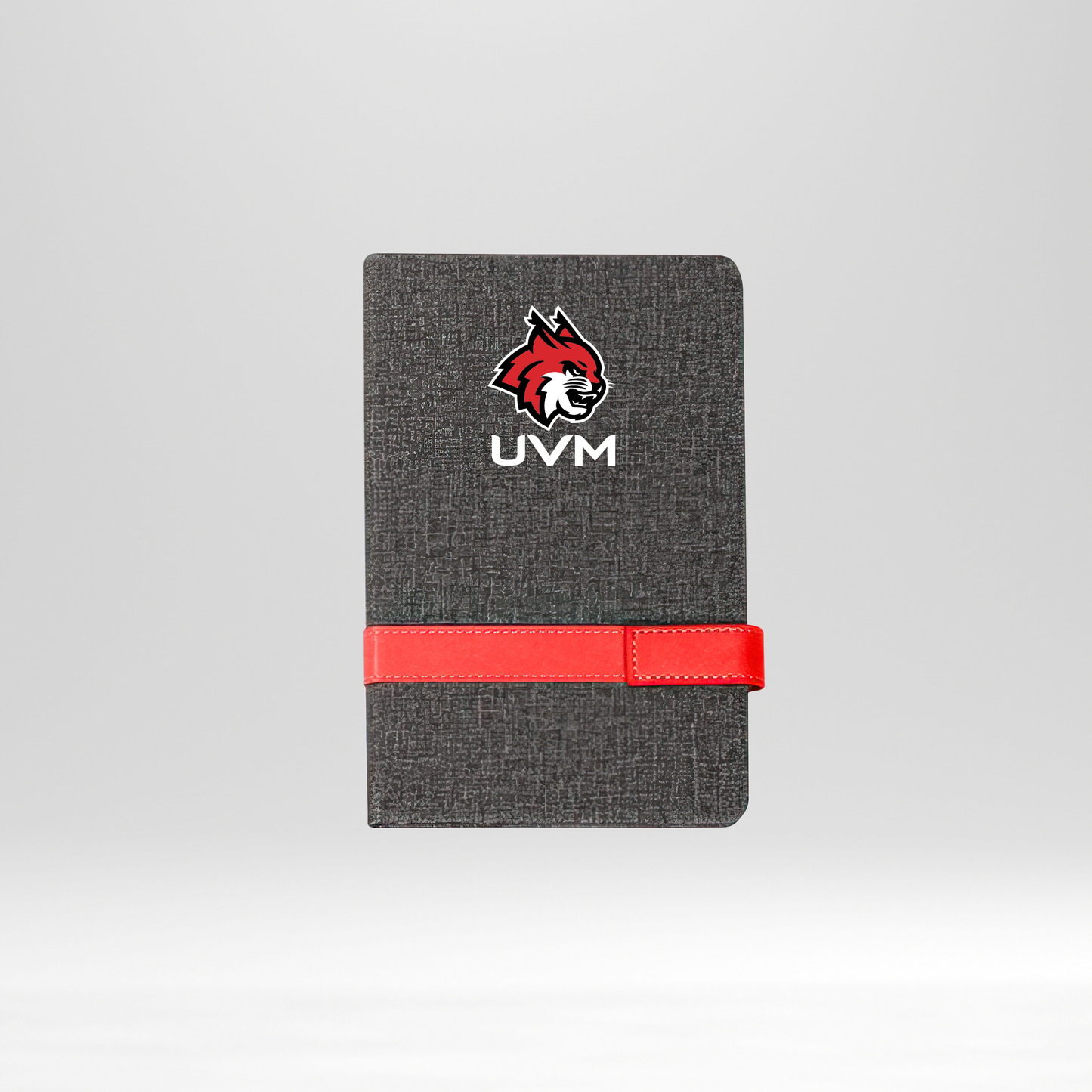 Libreta gris linces rojo bolsillo banda roja horizontal
