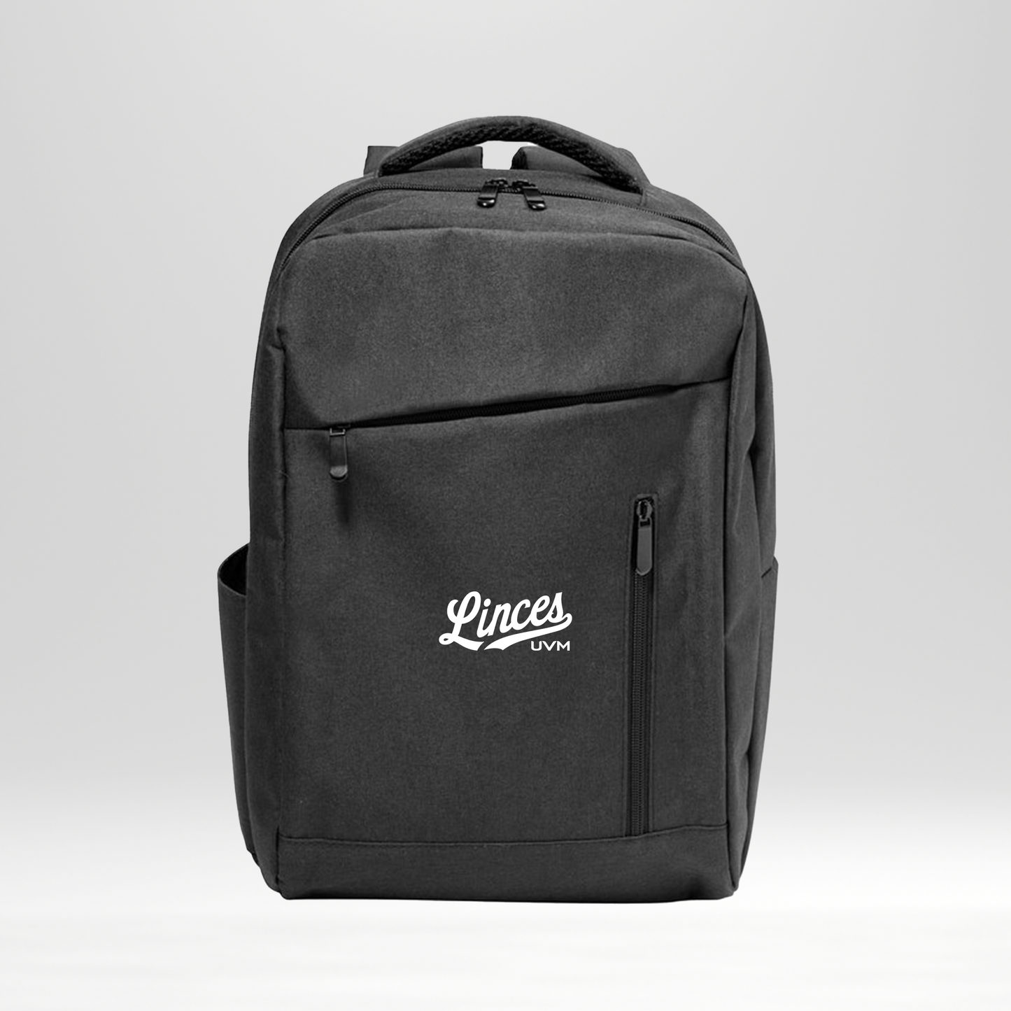 Mochila rectangular negra con logo linces blanco