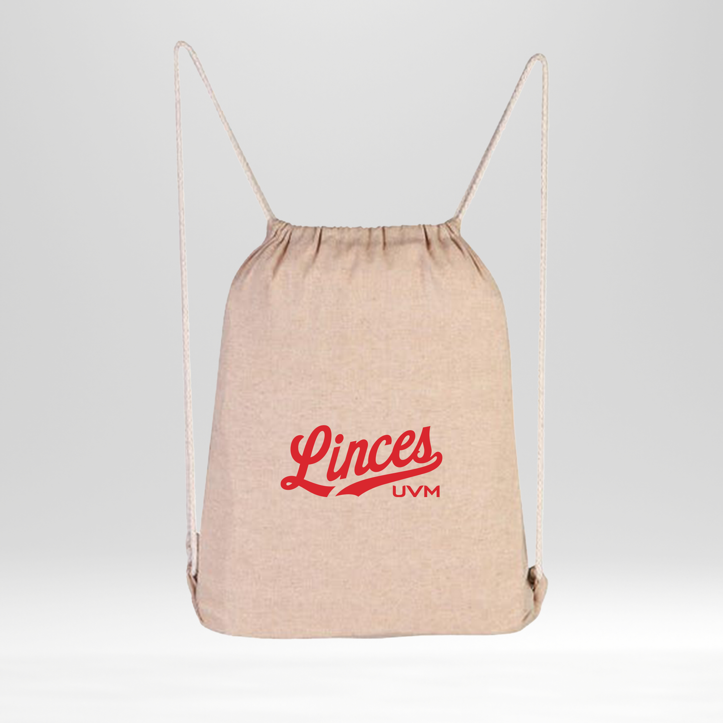 Morral beige con logo rojo linces UVM