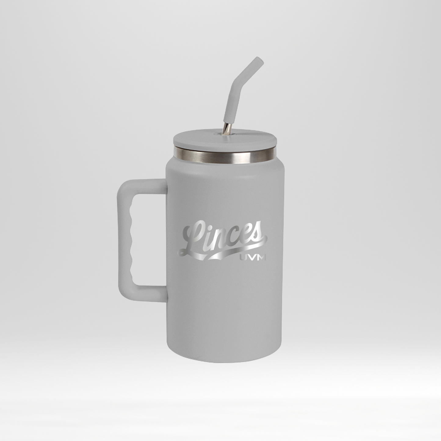 Termo cilíndrico gris con popote - logo linces