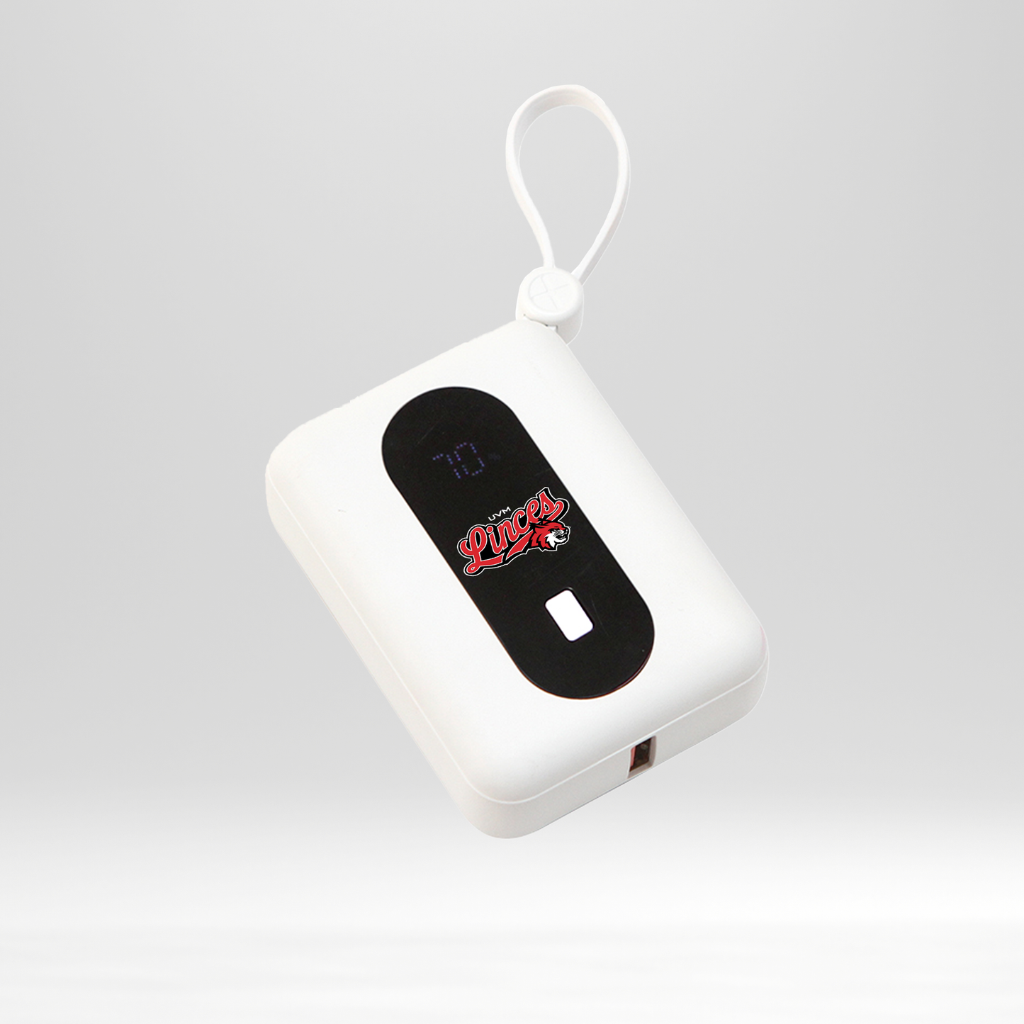 Power bank cuadrada blanca con logo linces