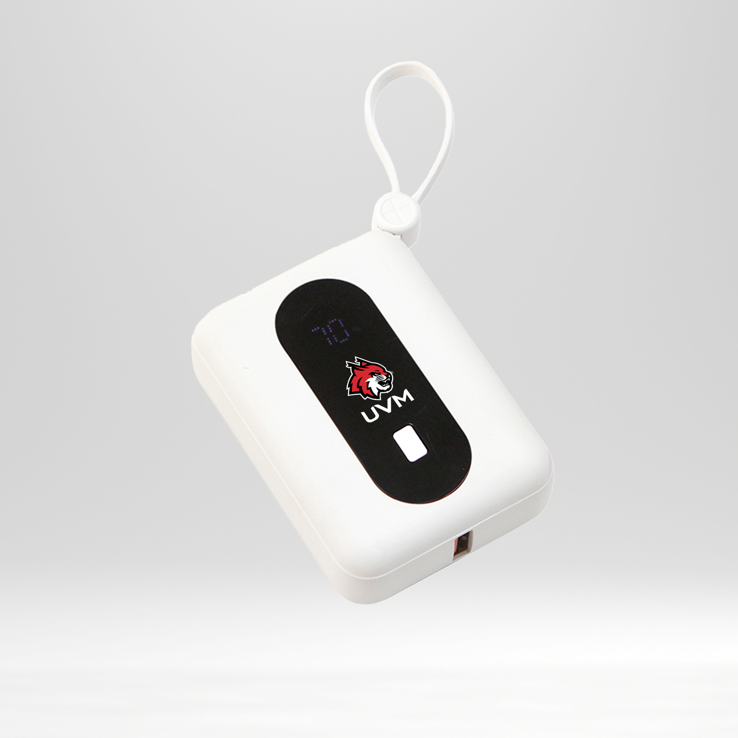 Power bank cuadrada blanca con logo linces UVM