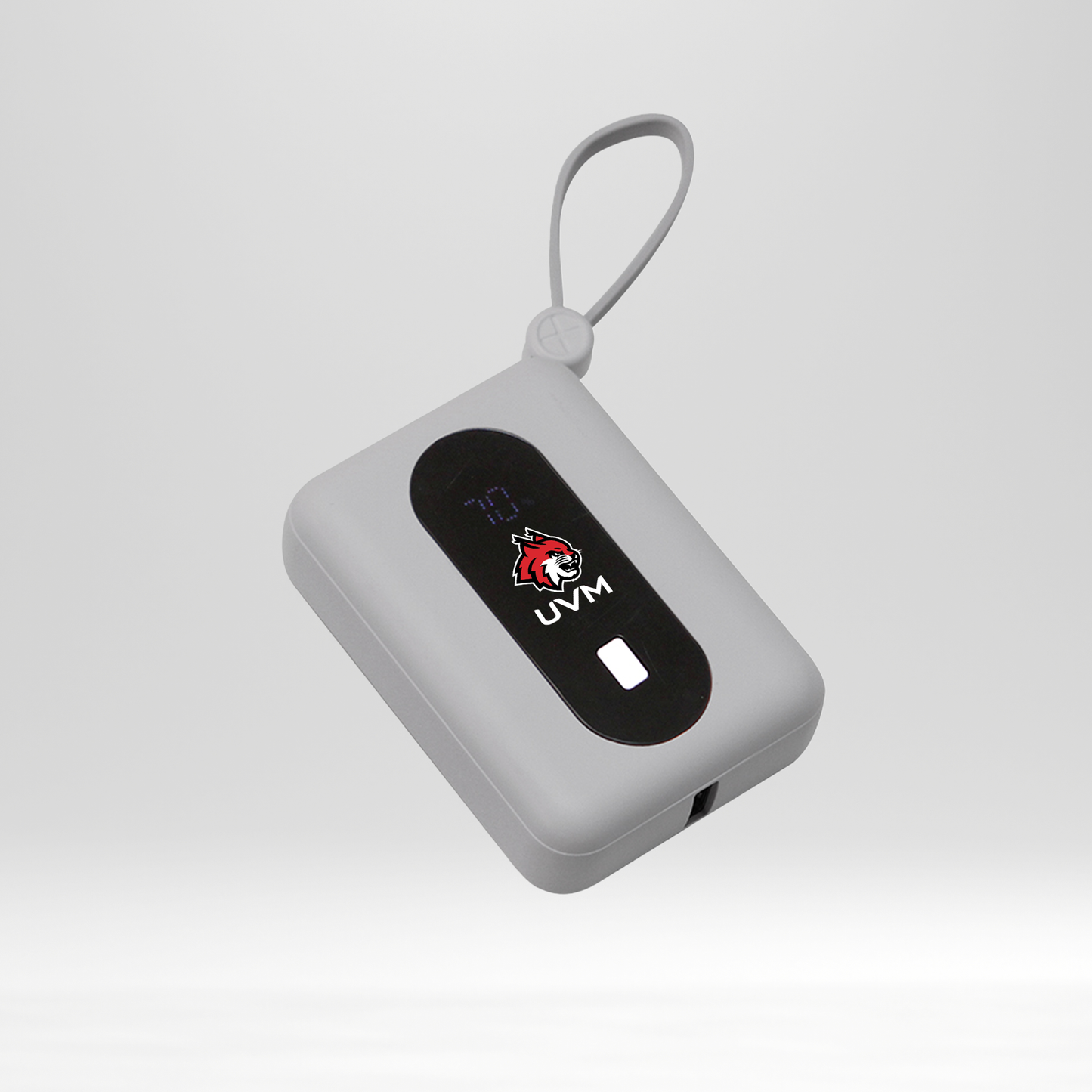 Power bank cuadrada gris con logo linces UVM