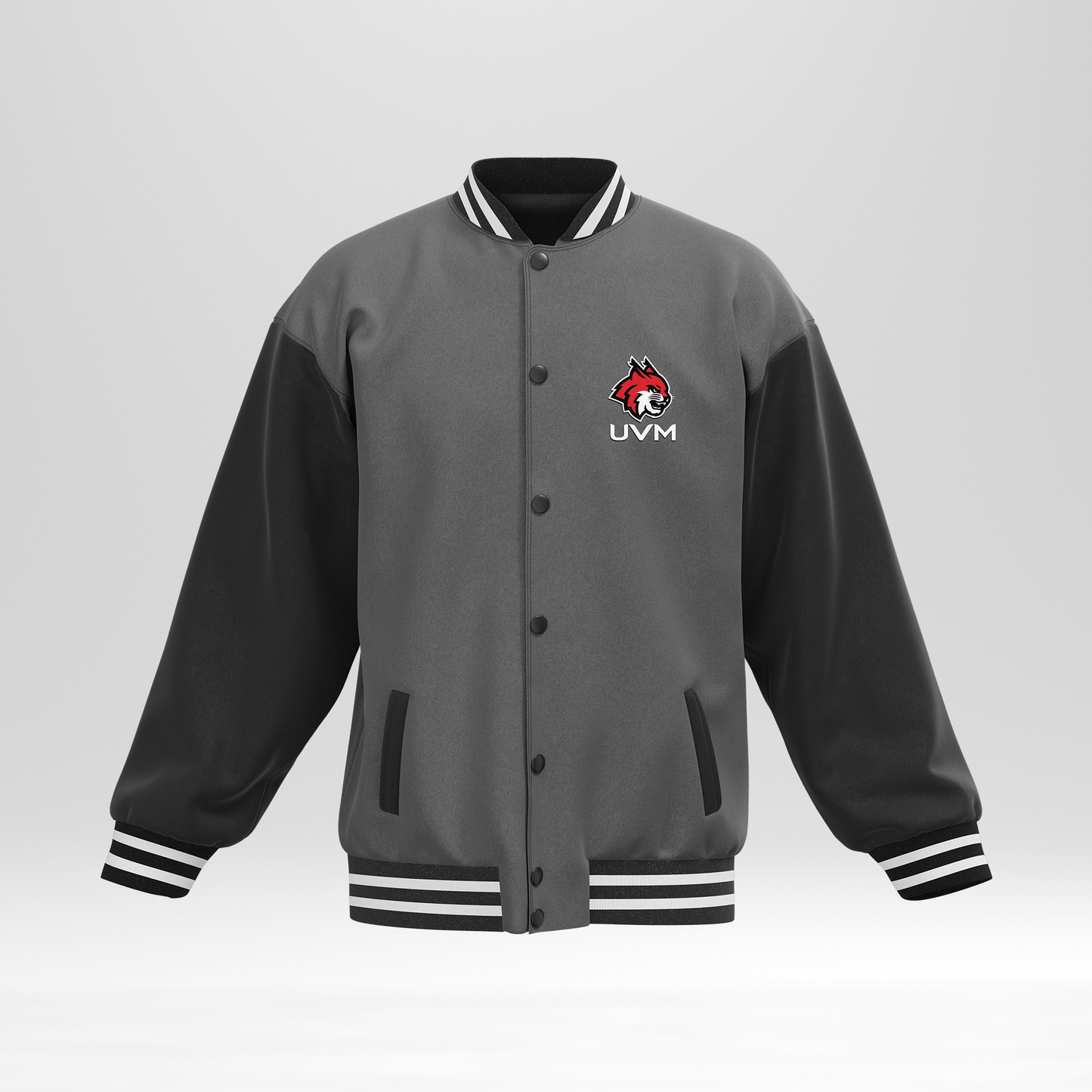 Chamarra universitaria gris con mangas negras logo linces UVM