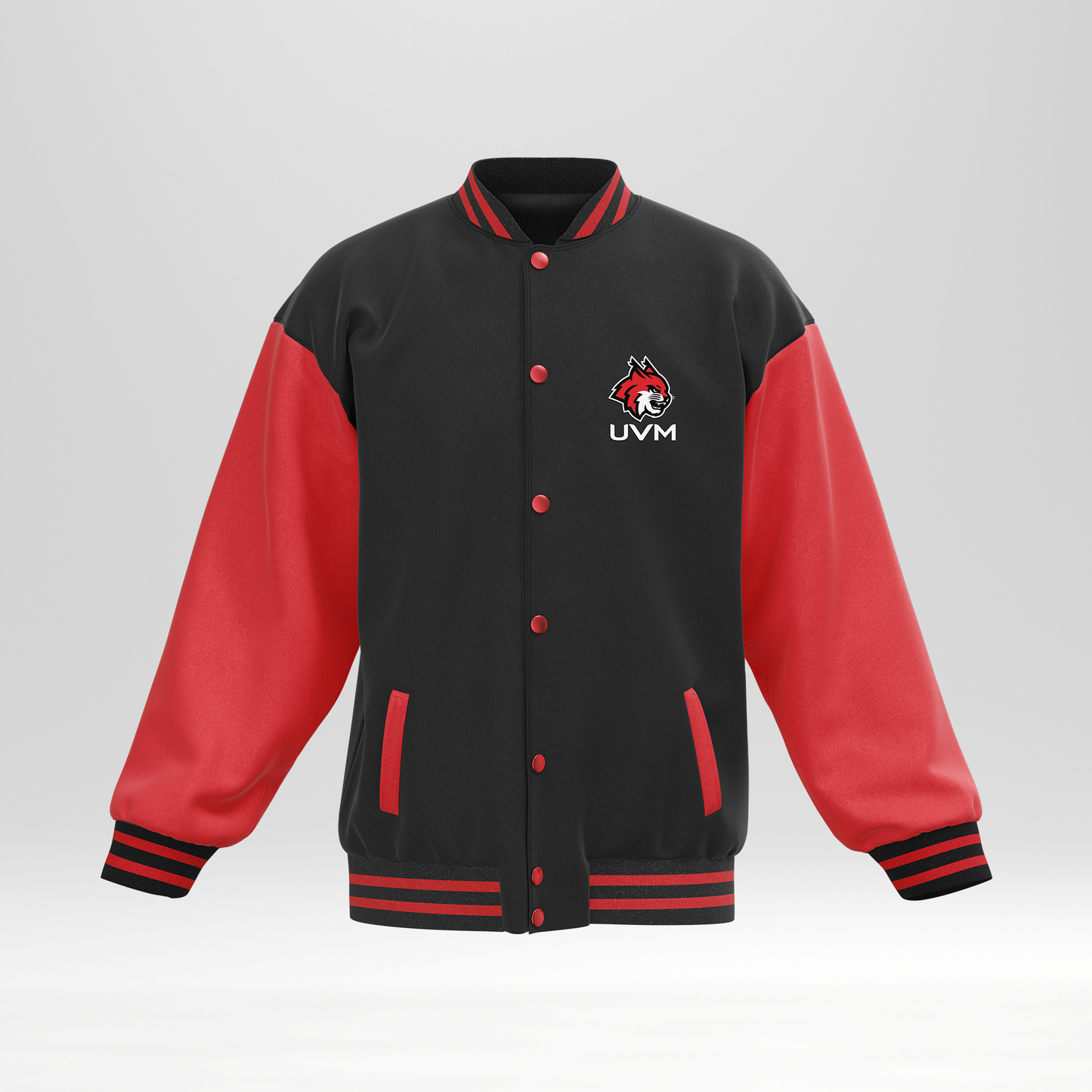 Chamarra universitaria negra con mangas rojas UVM logo linces