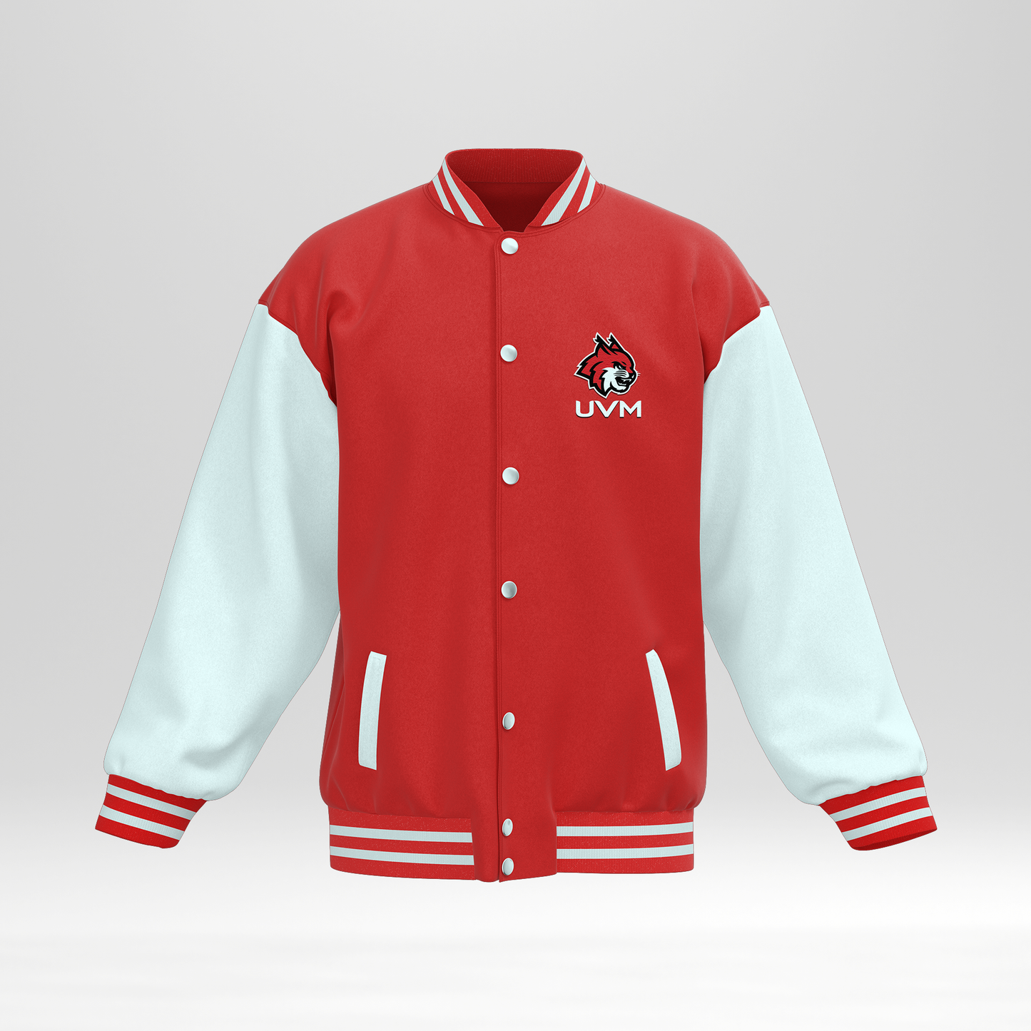 Chamarra universitaria roja con mangas blancas UVM logo linces