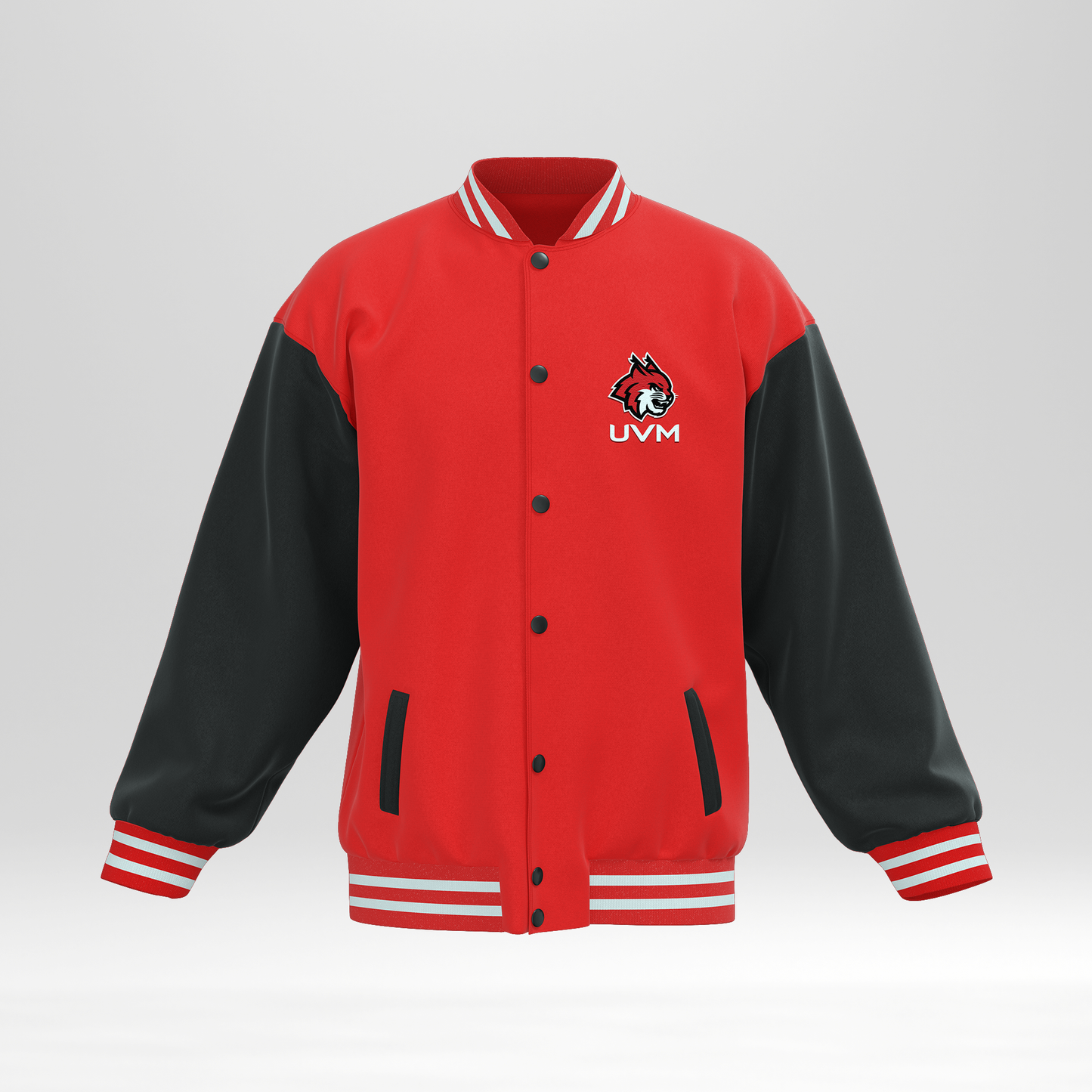 Chamarra universitaria roja con mangas negras UVM logo linces