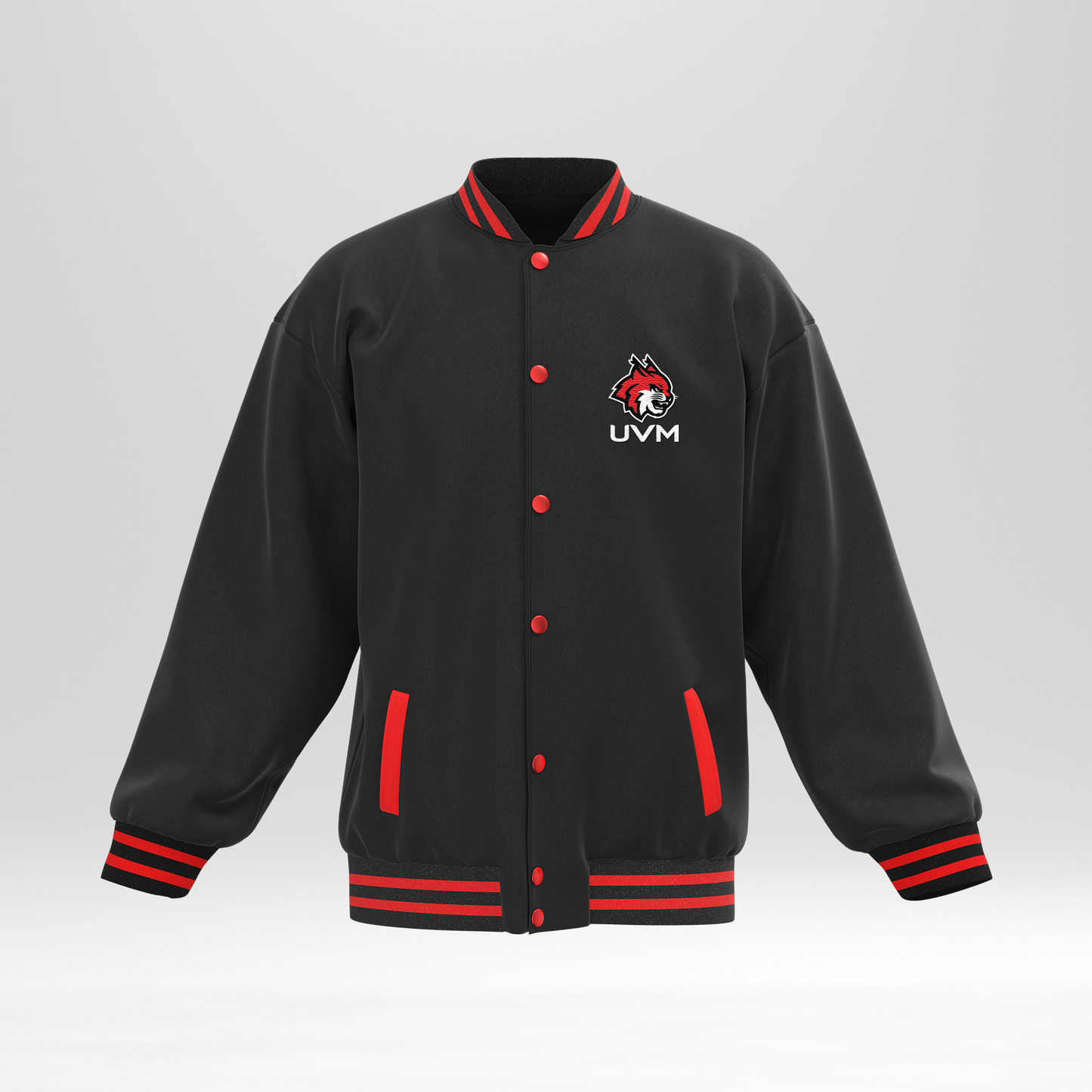 Chamarra universitaria negra con detalles rojos UVM logo linces