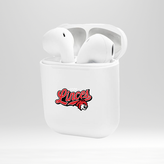 Audífonos inalámbricos blancos con logo linces