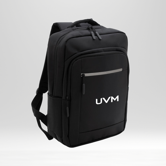 Mochila rectangular negra con logo UVM