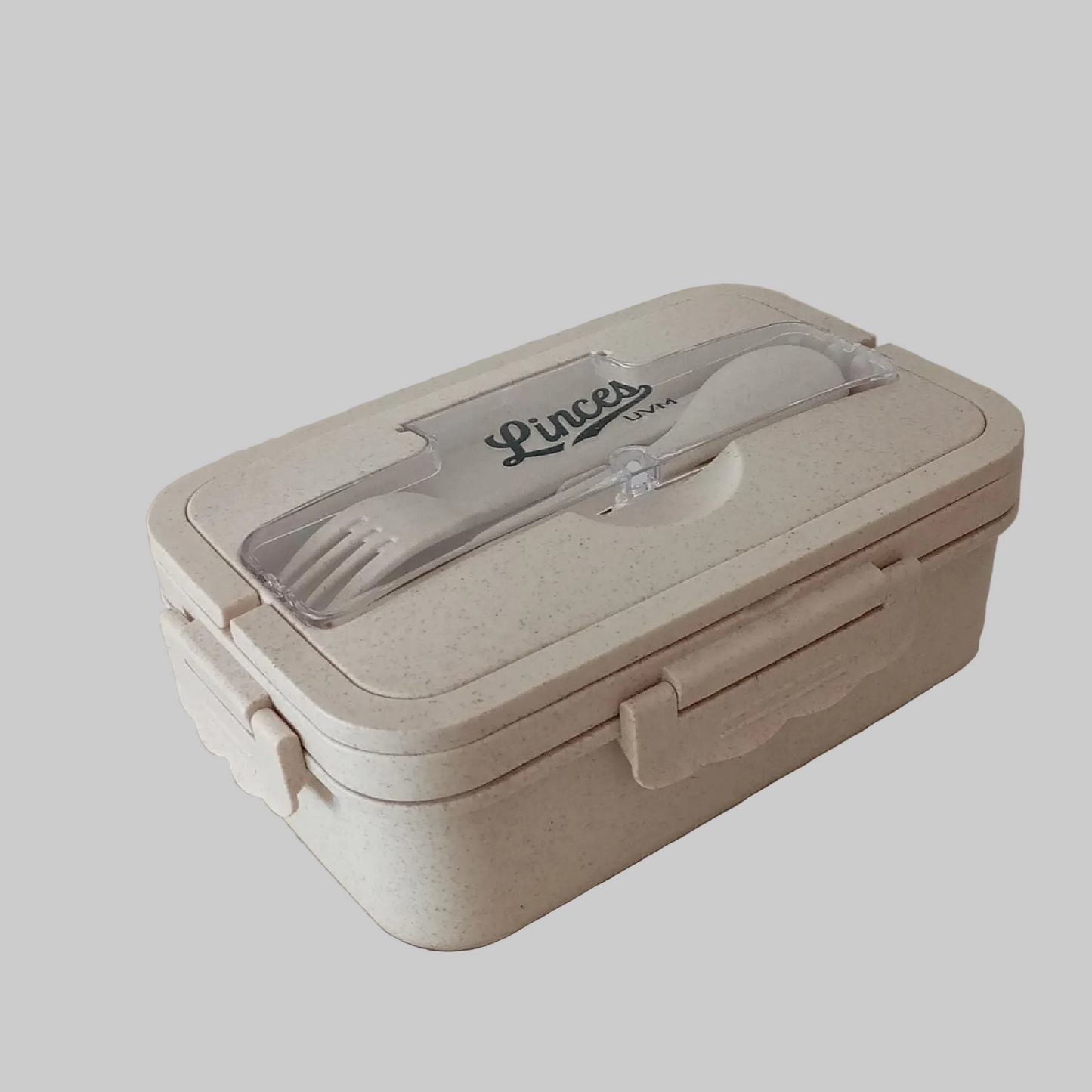 Contenedor y cubiertos beige con logo linces