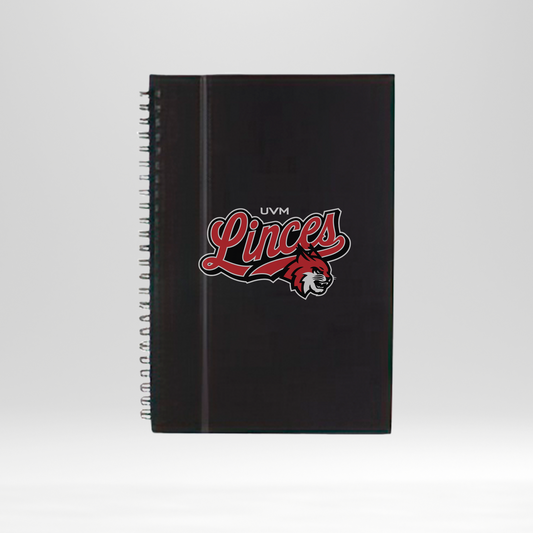 Libreta negra engargolada con lazo negro UVM linces