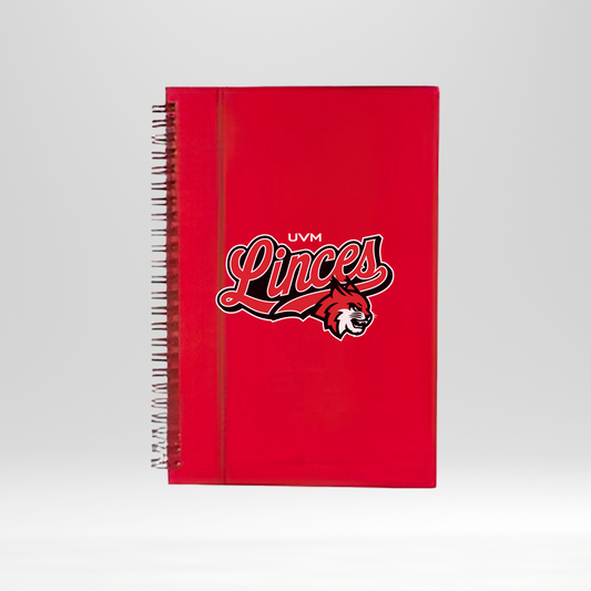 Libreta roja engargolada con lazo rojo UVM linces