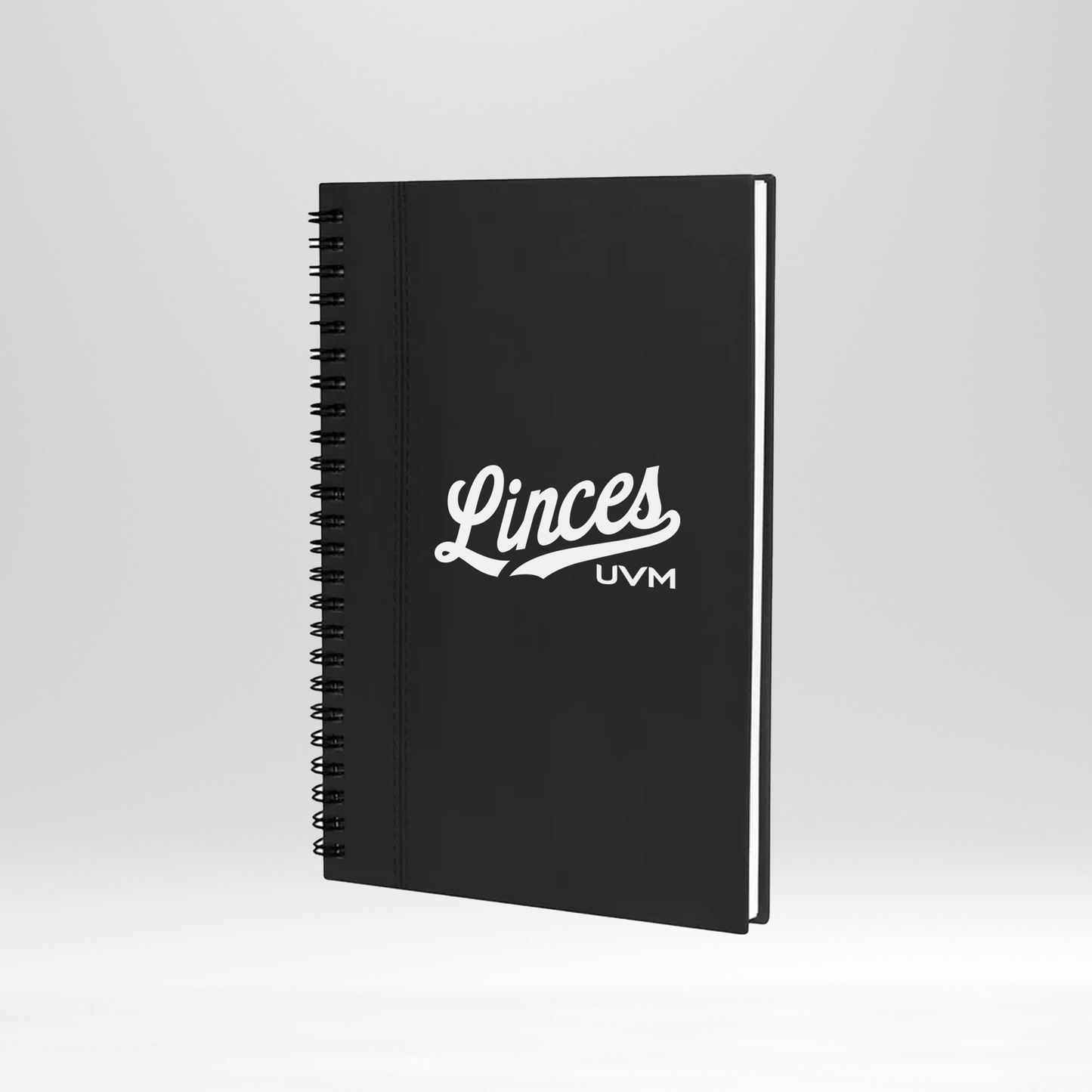 Libreta negra con engargolado logo linces UVM blanco