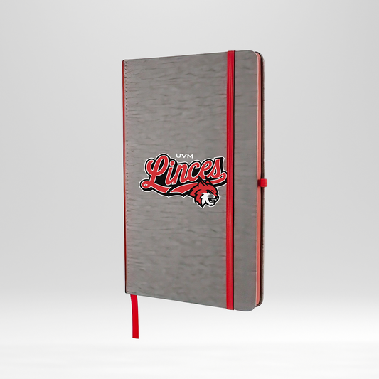 Libreta gris con detalles rojos UVM linces