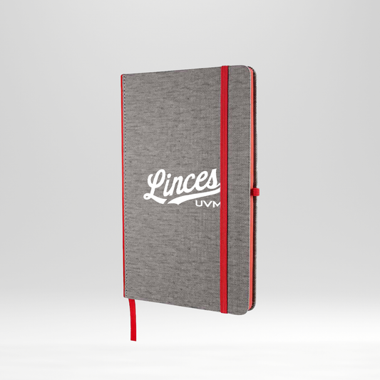 Libreta gris con detalles rojos linces UVM blanco