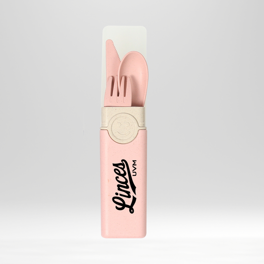 Set de cubiertos rosas con logo linces