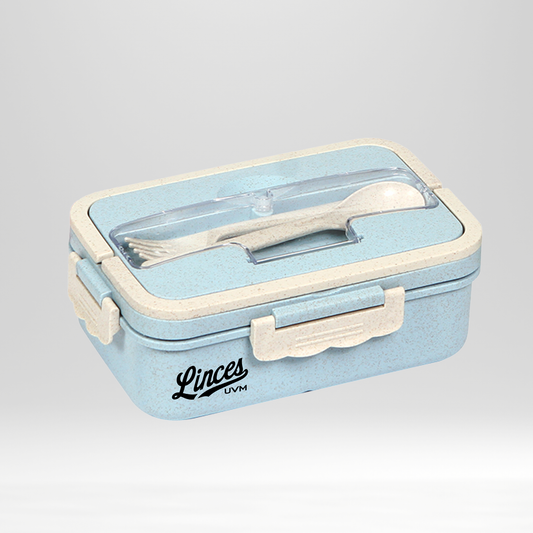 Contenedor y cubiertos azul con logo linces