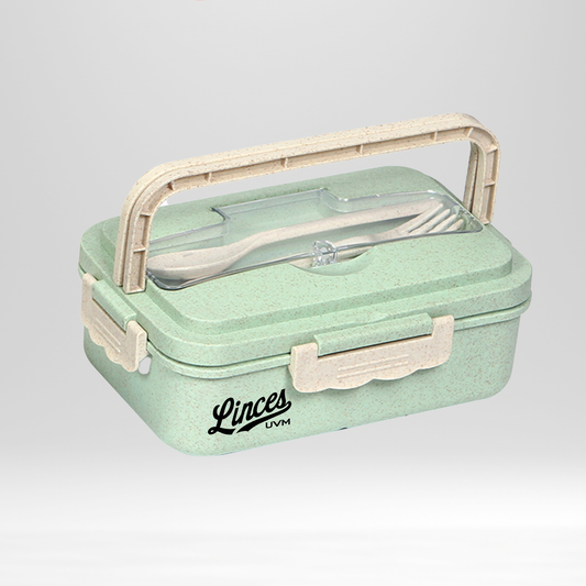 Contenedor y cubiertos verde con logo linces