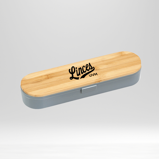Set de cubiertos madera gris con logo linces