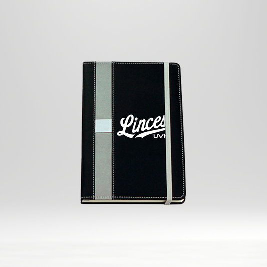 Libreta negra linces UVM blanco línea y  banda gris