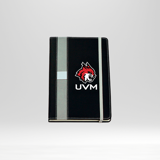 Libreta negra logo linces UVM blanco línea y banda gris
