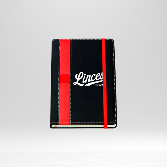 Libreta negra linces UVM blanco línea y  banda roja