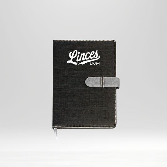 Libreta negra linces UVM blanco cierre gris