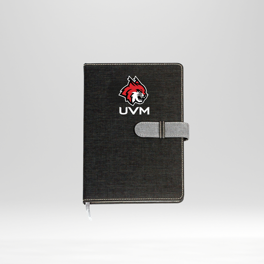 Libreta negra logo linces UVM blanco cierre gris