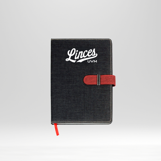 Libreta negra linces UVM blanco cierre rojo
