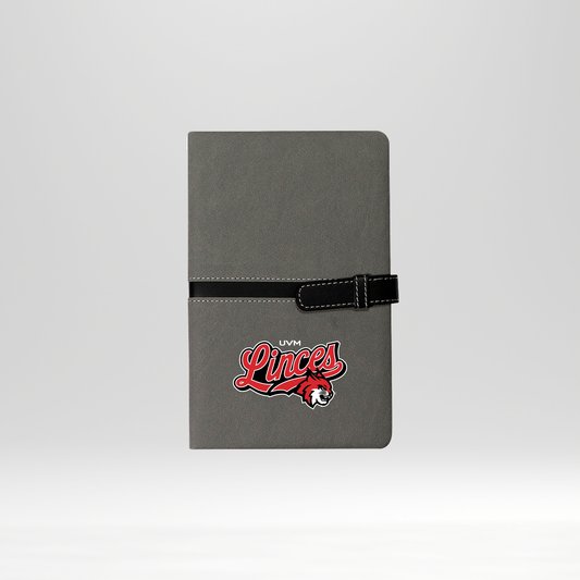 Libreta gris linces rojo cierre negro