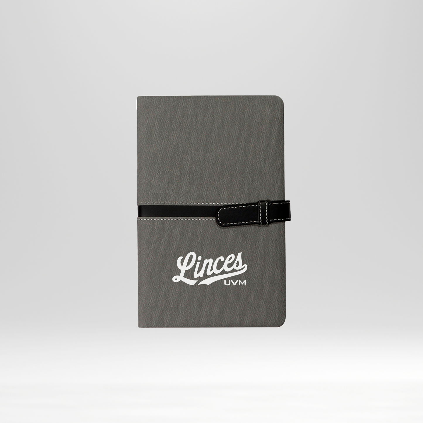 Libreta gris linces UVM blanco cierre negro