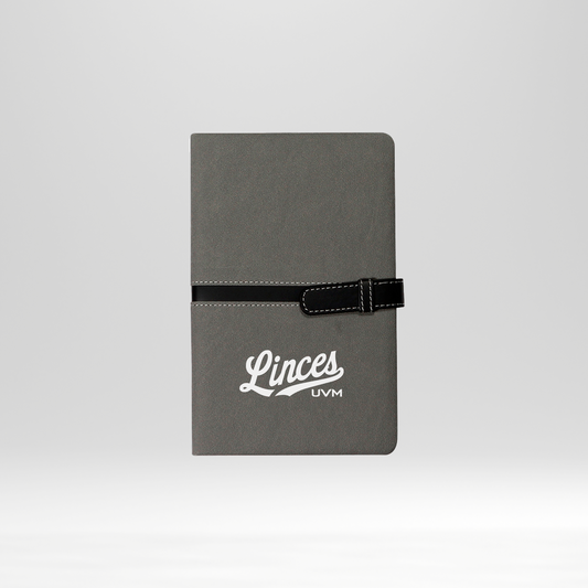 Libreta gris linces UVM blanco cierre negro