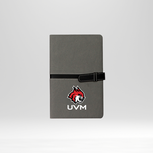 Libreta gris logo linces UVM blanco cierre negro