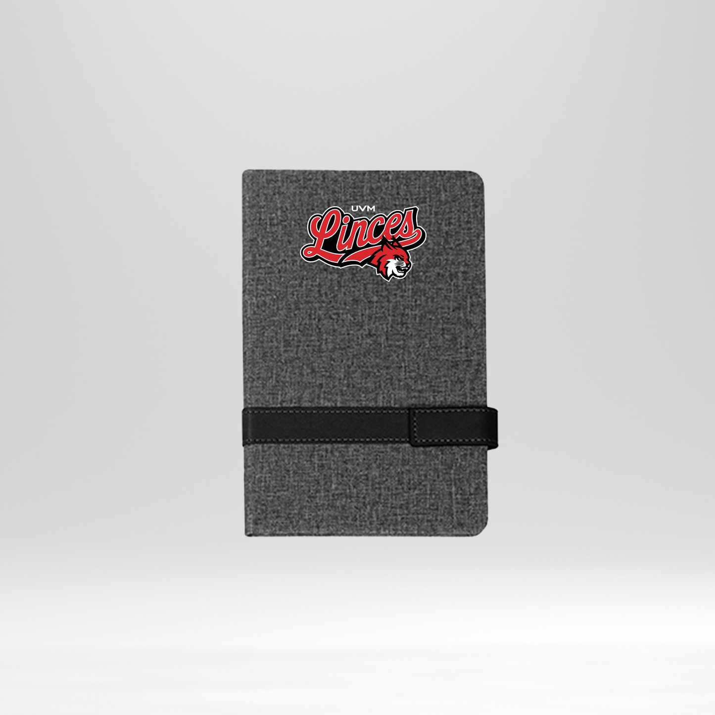 Libreta gris linces rojo bolsillo banda negra horizontal