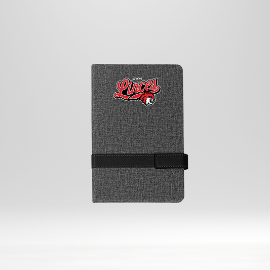 Libreta gris linces rojo bolsillo banda negra horizontal