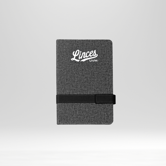 Libreta gris linces UVM blanco banda negra horizontal