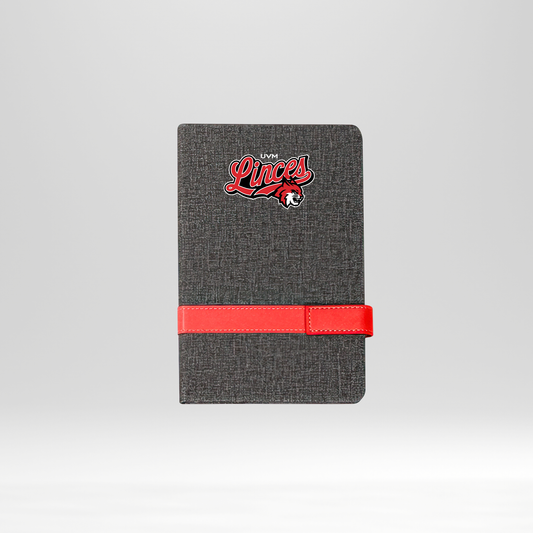 Libreta gris linces UVM blanco banda roja horizontal