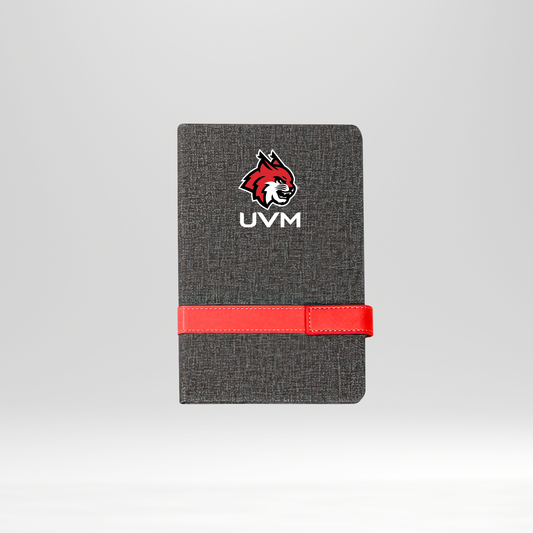 Libreta gris linces rojo bolsillo banda roja horizontal